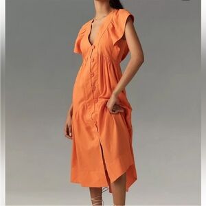 Anthropologie Orange Flutter Sleeve Button Front Midi Dress XS